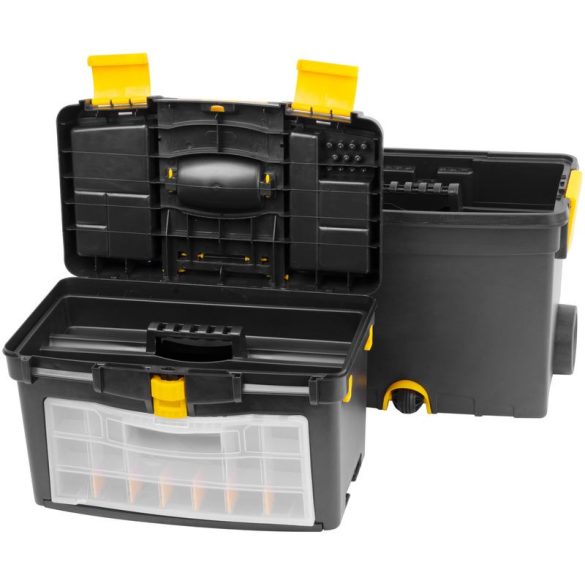 Szerszámosláda, Strend Pro TBx3042, 45 x 25 x 60 cm, fekete, kerekes, fogantyúval, átlátszó fedél, többfunkciós, 25 kg teherbírás