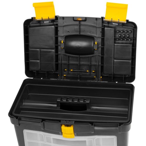 Szerszámosláda, Strend Pro TBx3042, 45 x 25 x 60 cm, fekete, kerekes, fogantyúval, átlátszó fedél, többfunkciós, 25 kg teherbírás