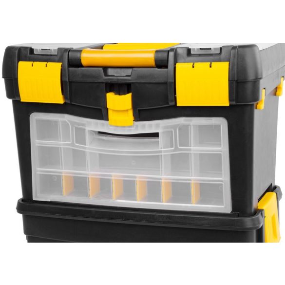 Szerszámosláda, Strend Pro TBx3042, 45 x 25 x 60 cm, fekete, kerekes, fogantyúval, átlátszó fedél, többfunkciós, 25 kg teherbírás