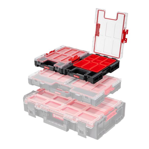 Rendszerező koffer, Qbrick Patrol System One Organizer M, 36,5 × 26,5 × 7,7 cm, fekete, 6 rekesz, víz- és porálló tömítés, moduláris, Easy Access rendszer