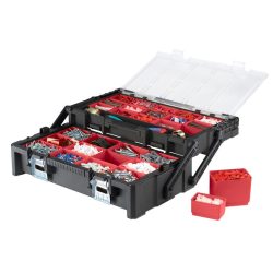   Rendszerező láda, Keter Cantilever Organizer 22, 57 x 30 x 16 cm, fekete, 14 l, átlátszó polikarbonát fedél, 27 kivehető rekesz, puha fogantyú