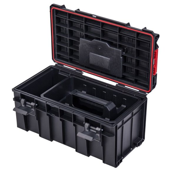 Szerszámosdoboz, Qbrick Patrol System Pro 500 Basic, 45 x 26 x 24 cm, fekete, 14 l, víz- és porálló, poliamid csatlakozók, vágórúd a fedélben, mély tálca
