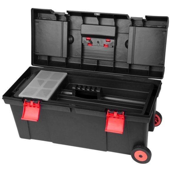 Szerszámosdoboz, Strend Pro HL3050, fekete, kerekes, kihúzható fogantyú, 15 kg teherbírás, átlátszó fedél, PVC, többfunkciós
