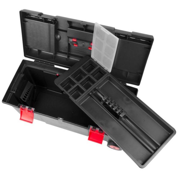 Szerszámosdoboz, Strend Pro HL3050, fekete, kerekes, kihúzható fogantyú, 15 kg teherbírás, átlátszó fedél, PVC, többfunkciós