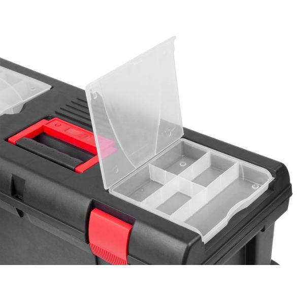 Szerszámosdoboz, Strend Pro HL3050, fekete, kerekes, kihúzható fogantyú, 15 kg teherbírás, átlátszó fedél, PVC, többfunkciós