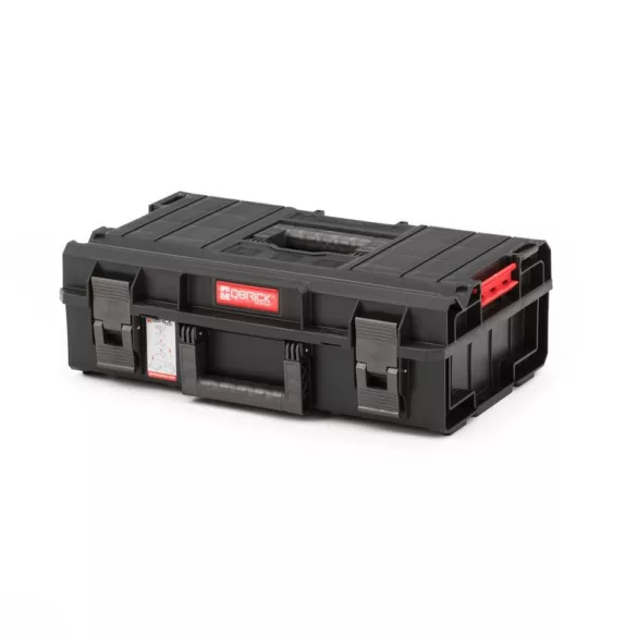 Szerszámosdoboz, Qbrick Patrol System One 200 Basic, 58,5 × 38,5 × 19 cm, fekete, 15,5 l, víz- és porálló, hermetikus zárás, cserélhető rekeszekkel, 120 kg teherbírás