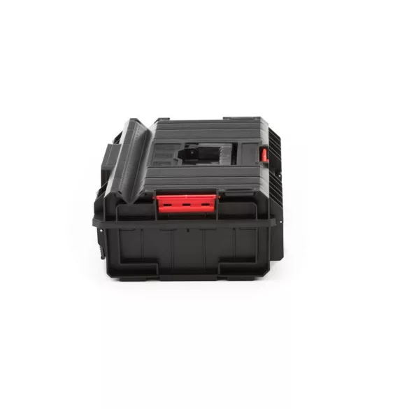 Szerszámosdoboz, Qbrick Patrol System One 200 Basic, 58,5 × 38,5 × 19 cm, fekete, 15,5 l, víz- és porálló, hermetikus zárás, cserélhető rekeszekkel, 120 kg teherbírás