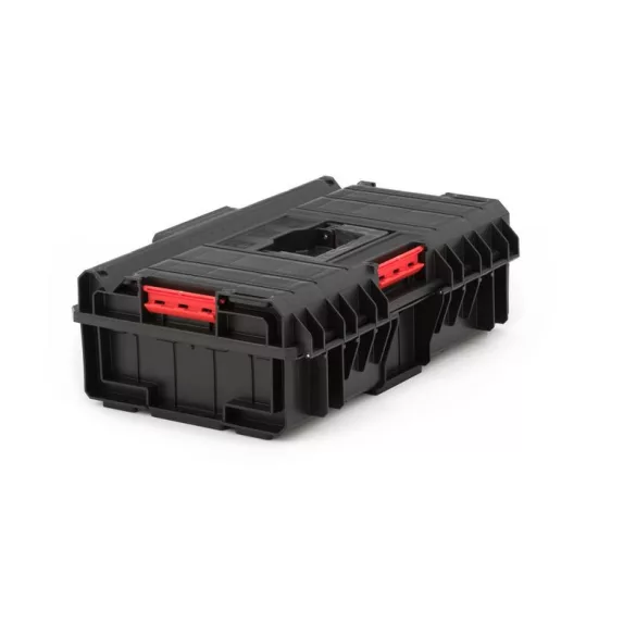 Szerszámosdoboz, Qbrick Patrol System One 200 Basic, 58,5 × 38,5 × 19 cm, fekete, 15,5 l, víz- és porálló, hermetikus zárás, cserélhető rekeszekkel, 120 kg teherbírás