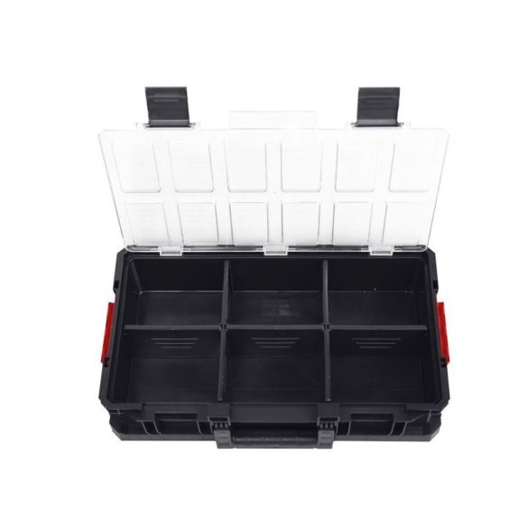 Rendszerező koffer, Qbrick Patrol System Two Organizer Flex Plus, 53 × 31 × 13 cm, fekete, 14,3 l, moduláris, polikarbonát fedél, poliamid reteszek, 12 kivehető rekesz