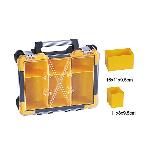 Rendszerező koffer, Strend Pro HL3086-C, 38 x 34 x 11 cm, sárga-fekete, 6 rekesz, 23 kg teherbírás, fogantyús koffer kivitel
