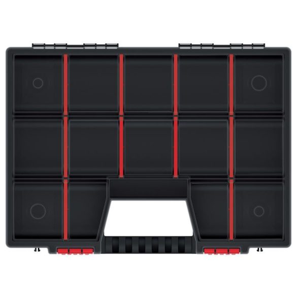 Rendszerező koffer, Prosperplast NOR16, 6,5 x 29 x 39 cm, fekete, állítható rekeszek, átlátszó fedél, két zárral, ergonomikus fogantyú, maximum 36 rekesz