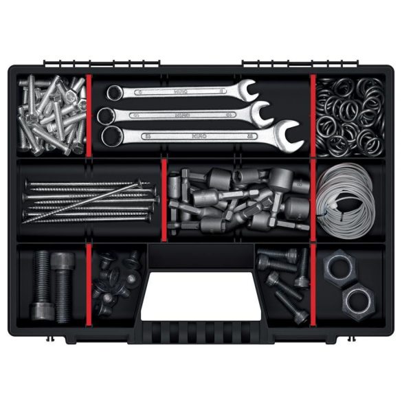 Rendszerező koffer, Prosperplast NOR16, 6,5 x 29 x 39 cm, fekete, állítható rekeszek, átlátszó fedél, két zárral, ergonomikus fogantyú, maximum 36 rekesz