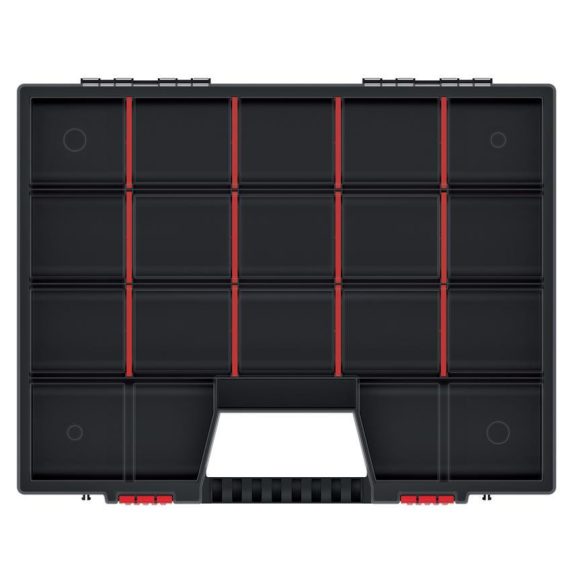 Rendszerező koffer, Prosperplast NOR20, 6,5 x 39 x 49 cm, fekete, állítható rekeszek, átlátszó fedél, kéz zárral, ergonomikus fogantyú, maximum 36 rekesz