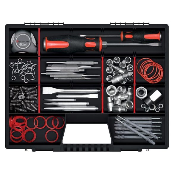 Rendszerező koffer, Prosperplast NOR20, 6,5 x 39 x 49 cm, fekete, állítható rekeszek, átlátszó fedél, kéz zárral, ergonomikus fogantyú, maximum 36 rekesz