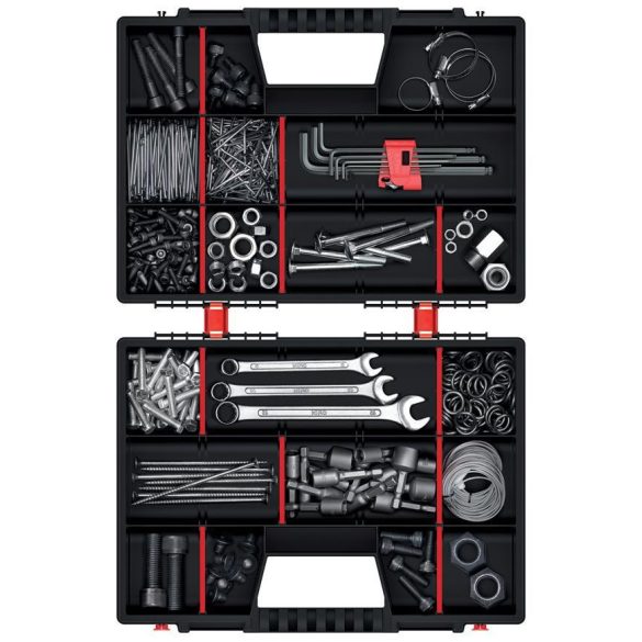 Rendszerező koffer, Prosperplast NOR16DUO, 39 x 29 x 13 cm, fekete,  2 db-os csomag, állítható rekeszek, átlátszó fedél, ergonomikus fogantyú, összekapcsolható