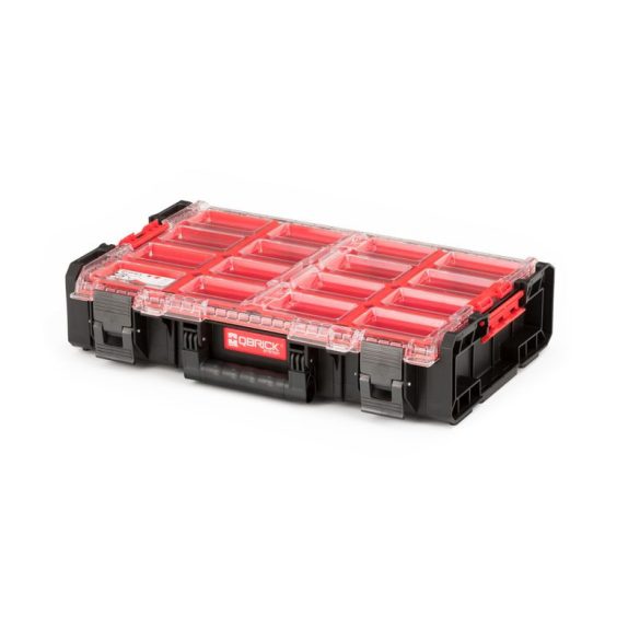 Rendszerező koffer, Qbrick Patrol System One XL, 58,2 × 38,7 × 13,1 cm, fekete, 13,5 l, 12 rekesz, rugalmas tömítéses fedél, víz- és porvédett, moduláris, Easy Access rendszer