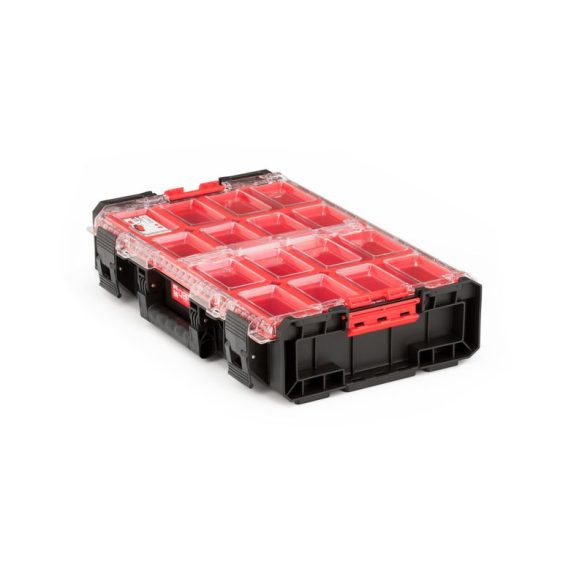 Rendszerező koffer, Qbrick Patrol System One XL, 58,2 × 38,7 × 13,1 cm, fekete, 13,5 l, 12 rekesz, rugalmas tömítéses fedél, víz- és porvédett, moduláris, Easy Access rendszer
