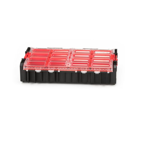 Rendszerező koffer, Qbrick Patrol System One XL, 58,2 × 38,7 × 13,1 cm, fekete, 13,5 l, 12 rekesz, rugalmas tömítéses fedél, víz- és porvédett, moduláris, Easy Access rendszer