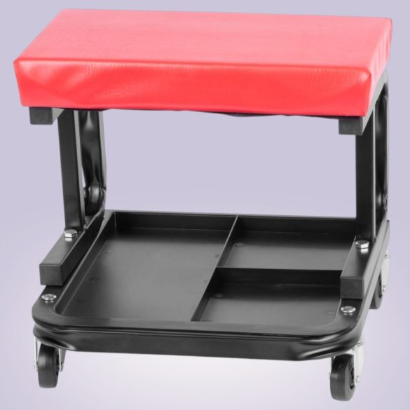 Műhelyszék, Strend Pro, fekete/piros, 36 × 36,5 × 36,6 cm, gurulós, 4 forgó kerék, szerszámtároló rekesszel, fém vázas, vinil ülőke, 136 kg teherbírás