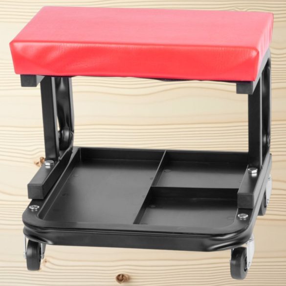 Műhelyszék, Strend Pro, fekete/piros, 36 × 36,5 × 36,6 cm, gurulós, 4 forgó kerék, szerszámtároló rekesszel, fém vázas, vinil ülőke, 136 kg teherbírás