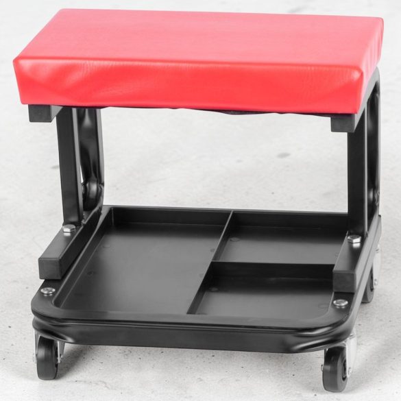 Műhelyszék, Strend Pro, fekete/piros, 36 × 36,5 × 36,6 cm, gurulós, 4 forgó kerék, szerszámtároló rekesszel, fém vázas, vinil ülőke, 136 kg teherbírás