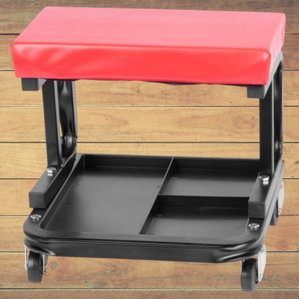Műhelyszék, Strend Pro, fekete/piros, 36 × 36,5 × 36,6 cm, gurulós, 4 forgó kerék, szerszámtároló rekesszel, fém vázas, vinil ülőke, 136 kg teherbírás