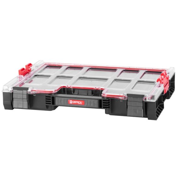 Rendszerező koffer, Qbrick Patrol System Pro Organizer 200, 45,2 × 35,8 × 7,9 cm, fekete, 6 l, habszivacs betéttel, tömített polikarbonát fedél, poliamid csatlakozók