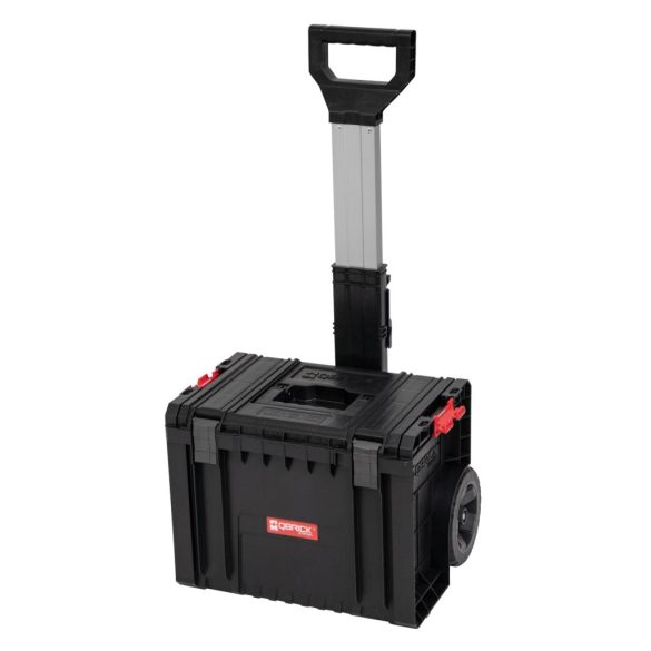 Szerszámosláda, Qbrick Patrol Pro Cart, 45 × 39 × 69 cm, fekete, 28 l, kerekes, teleszkópos alumínium fogantyú, víz- és porálló, fém tengely, moduláris rendszer