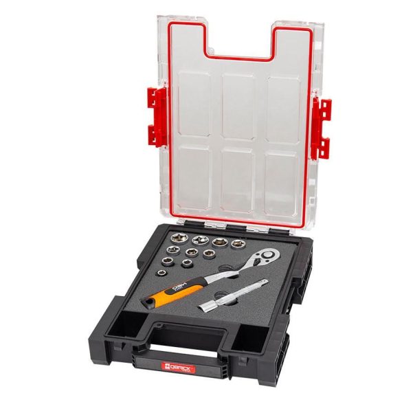 Rendszerező koffer, Qbrick Patrol System One Organizer M, 36,5 × 26,5 × 7,7 cm, fekete, habszivacs betéttel, víz- és porálló, Easy Access rendszer