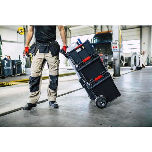 Szerszámosláda, Qbrick Patrol System One 350 Vario, 58,5 × 38,5 × 30,1 cm, fekete, 38 l, por- és vízálló, megerősített, moduláris, PRO kompatibilis, 50 kg teherbírás