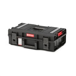   Szerszámosdoboz, Qbrick Patrol System One 200 Technik, 58,5 × 38,5 × 19 cm, fekete, 15,4 l, 6 kivehető tartály, por- és vízálló, alumínium rögzítőléc, munkaasztalként használható