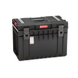   Szerszámosláda, Qbrick Patrol System One 450 Technik, 58,5 × 38,5 × 42 cm, fekete, 52 l, por- és vízálló, megerősített, alumínium rögzítőléc, 2 állítható rekesz
