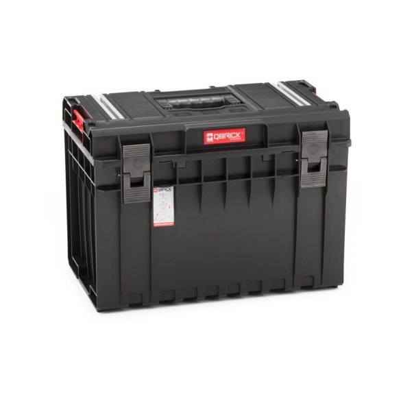 Szerszámosláda, Qbrick Patrol System One 450 Technik, 58,5 × 38,5 × 42 cm, fekete, 52 l, por- és vízálló, megerősített, alumínium rögzítőléc, 2 állítható rekesz