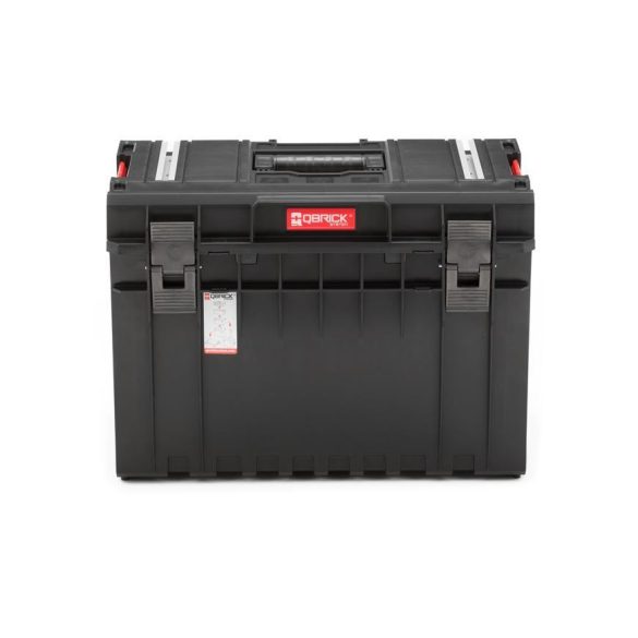 Szerszámosláda, Qbrick Patrol System One 450 Technik, 58,5 × 38,5 × 42 cm, fekete, 52 l, por- és vízálló, megerősített, alumínium rögzítőléc, 2 állítható rekesz
