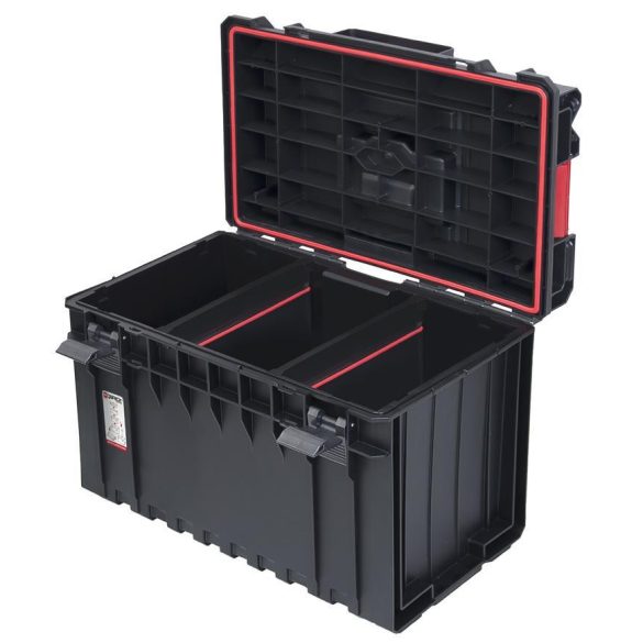 Szerszámosláda, Qbrick Patrol System One 450 Technik, 58,5 × 38,5 × 42 cm, fekete, 52 l, por- és vízálló, megerősített, alumínium rögzítőléc, 2 állítható rekesz