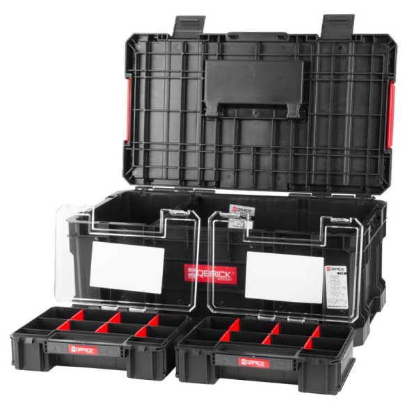 Tárolódoboz készlet, Qbrick Patrol System Two Toolbox Plus + 2 db System Two Organizer Multi készlet, fekete, 3,5 kg, fogantyús, átlátszó fedelű rendezőkkel