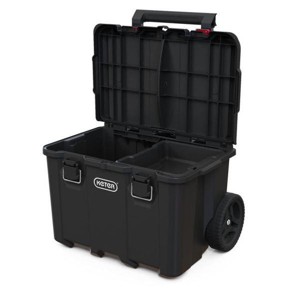 Szerszámosláda, Keter Stack'n'Roll 250927, 52,5 x 41,1 x 69,4 cm, fekete, 3 részes, moduláris, kerekes, fém teleszkópos fogantyú, 45 kg teherbírás