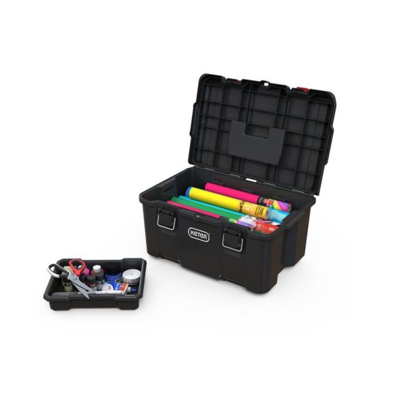 Szerszámosláda, Keter Stack'n'Roll 250927, 52,5 x 41,1 x 69,4 cm, fekete, 3 részes, moduláris, kerekes, fém teleszkópos fogantyú, 45 kg teherbírás