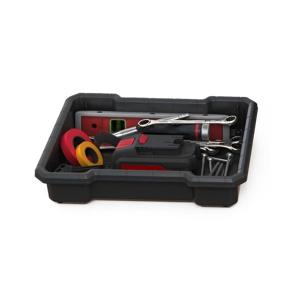 Szerszámosláda, Keter Stack'n'Roll 250927, 52,5 x 41,1 x 69,4 cm, fekete, 3 részes, moduláris, kerekes, fém teleszkópos fogantyú, 45 kg teherbírás