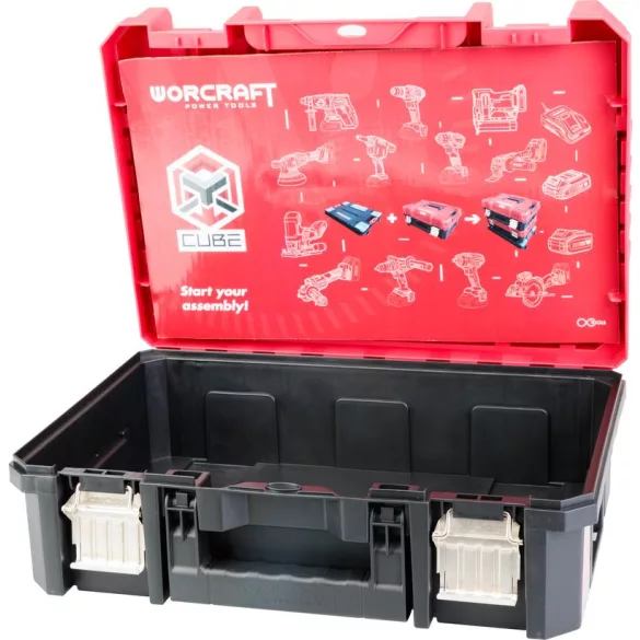 Szerszámosláda, Worcraft XCUBE100, 44,5 × 32 × 17 cm, piros/fekete, 8 l, 15 kg terhelhetőség, tartós műanyag, összecsukható fogantyú, egymásra rakható
