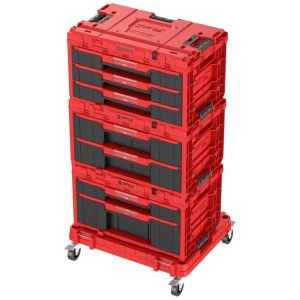 Tárolódoboz készlet, Qbrick Patrol System One Workshop Red, 58,7 × 38 × 34 cm, piros, 4 részes, moduláris, fiókos, automata zárral, fémsínes, görgős platform fékkel