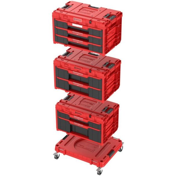 Tárolódoboz készlet, Qbrick Patrol System One Workshop Red, 58,7 × 38 × 34 cm, piros, 4 részes, moduláris, fiókos, automata zárral, fémsínes, görgős platform fékkel