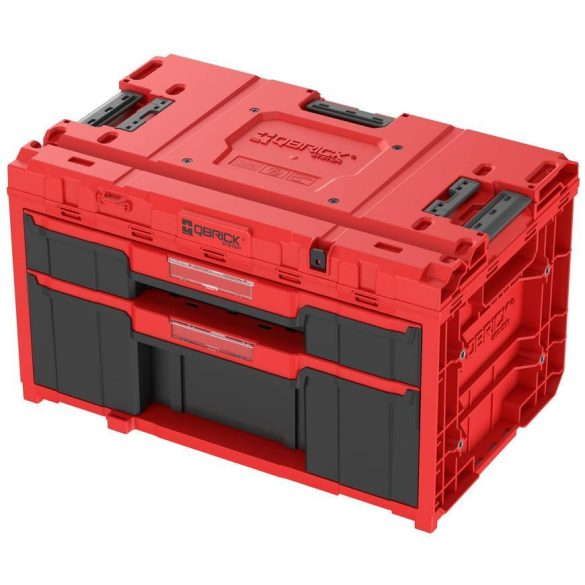 Tárolódoboz készlet, Qbrick Patrol System One Workshop Red, 58,7 × 38 × 34 cm, piros, 4 részes, moduláris, fiókos, automata zárral, fémsínes, görgős platform fékkel