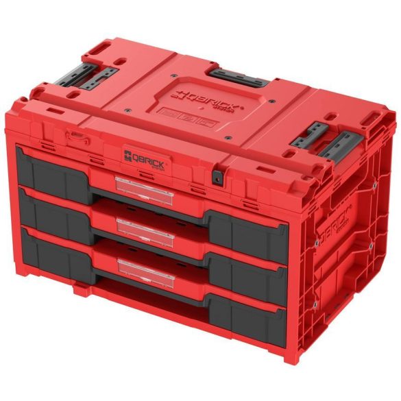 Tárolódoboz készlet, Qbrick Patrol System One Workshop Red, 58,7 × 38 × 34 cm, piros, 4 részes, moduláris, fiókos, automata zárral, fémsínes, görgős platform fékkel