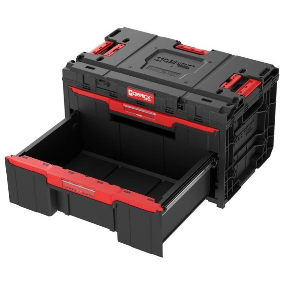 Tárolódoboz készlet, Qbrick Patrol System One Workshop Cart, 58,7 × 38 × 34 cm, fekete, 4 részes, moduláris, fiókos, automata zárral, görgős platform fékkel, állítható elválasztók, ABS műanyag, fémsínes