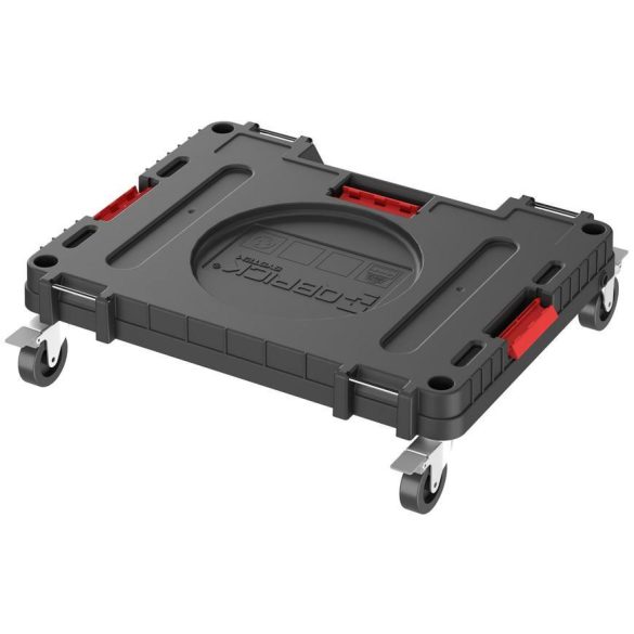 Tárolódoboz készlet, Qbrick Patrol System One Workshop Cart, 58,7 × 38 × 34 cm, fekete, 4 részes, moduláris, fiókos, automata zárral, görgős platform fékkel, állítható elválasztók, ABS műanyag, fémsínes