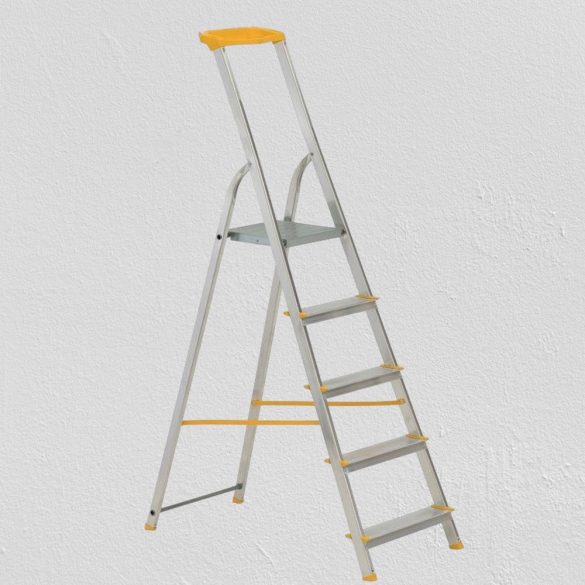 Festőlétra, ALVE Eurostyl 1945, 5 fokos, 98 cm, ezüst, alumínium, összecsukható, tárolópolcos