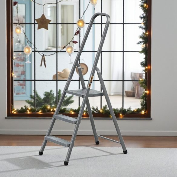 Festőlétra, Strend Pro ST-D3, 3 fokos, acél, 57 cm, szürke, összecsukható stabil kivitel