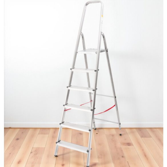 Festőlétra, StrendPro D6, 6 fokos, alumínium, 119 cm, ezüst, összecsukható, csúszásmentes kivitel