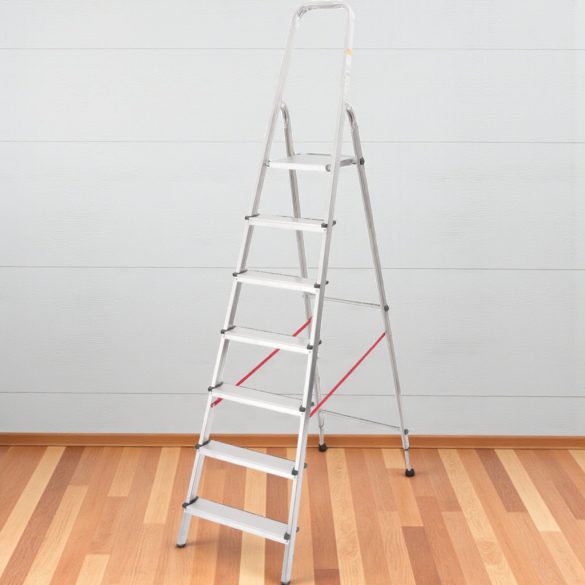 Festőlétra, StrendPro D7, 7 fokos, alumínium, 140 cm, ezüst, összecsukható, csúszásmentes kivitel